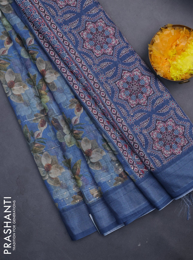 Linen cotton saree blue with floral prints & sequin work and silver zari woven border