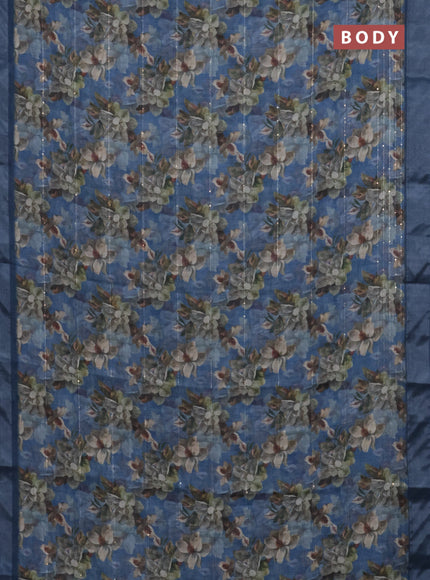 Linen cotton saree blue with floral prints & sequin work and silver zari woven border