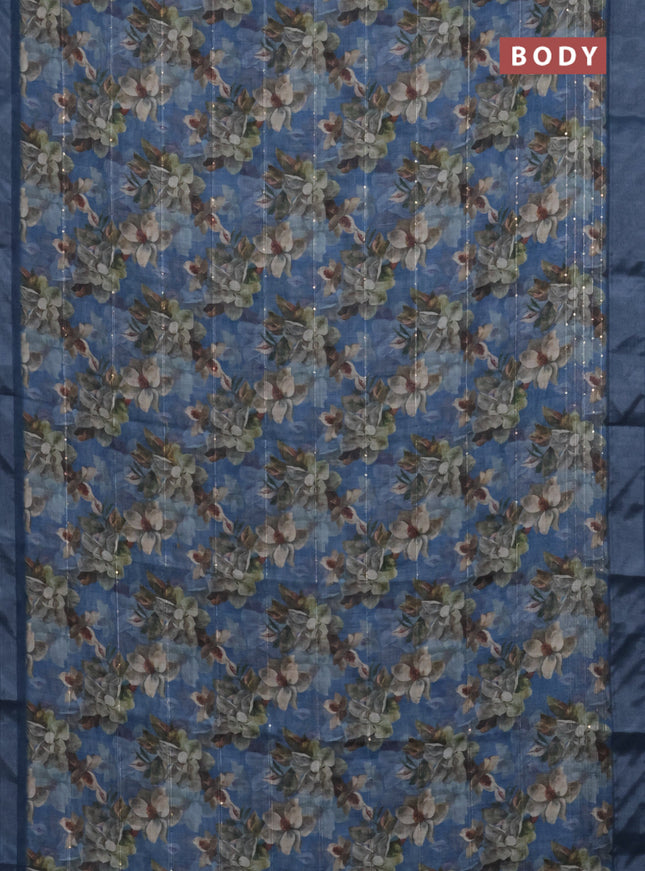 Linen cotton saree blue with floral prints & sequin work and silver zari woven border