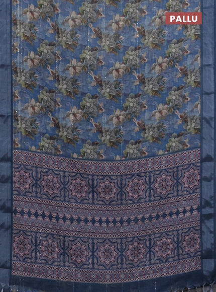 Linen cotton saree blue with floral prints & sequin work and silver zari woven border