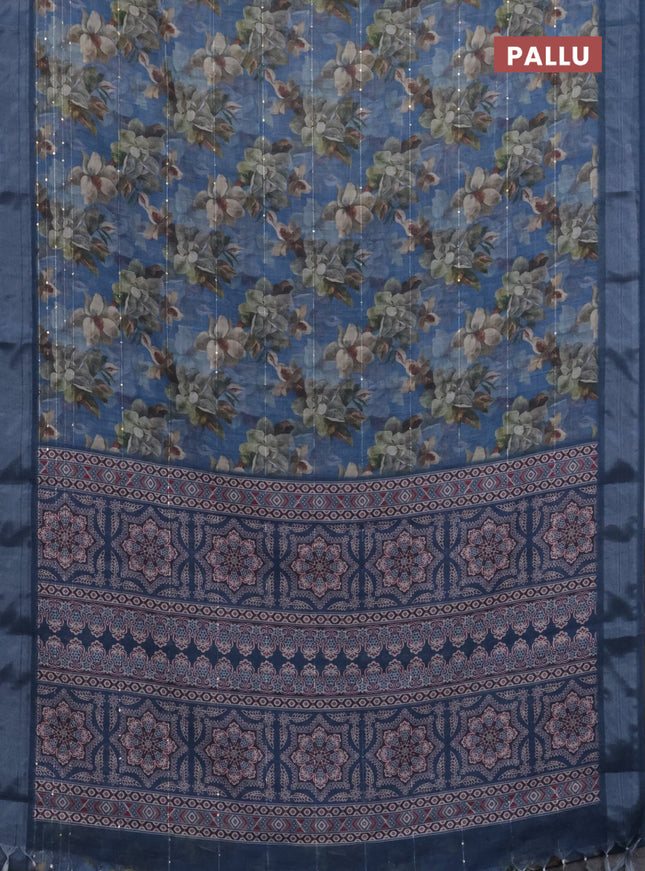 Linen cotton saree blue with floral prints & sequin work and silver zari woven border