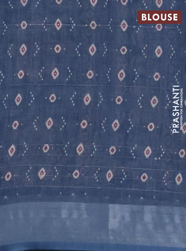 Linen cotton saree blue with floral prints & sequin work and silver zari woven border