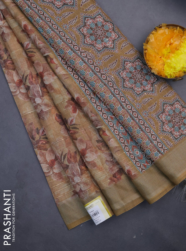 Linen cotton saree dark sandal with floral prints & sequin work and silver zari woven border