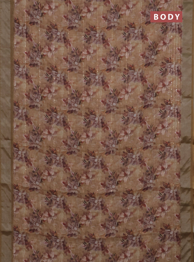 Linen cotton saree dark sandal with floral prints & sequin work and silver zari woven border