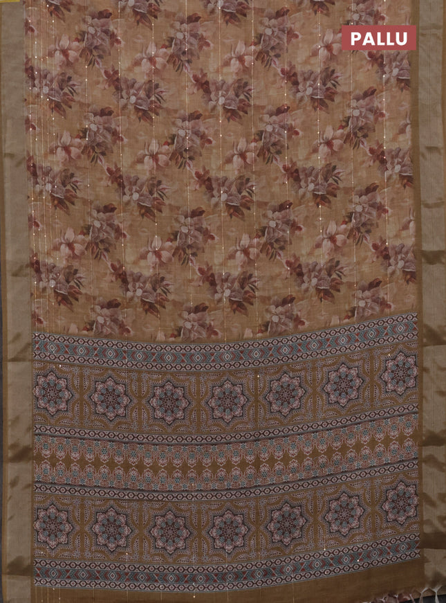 Linen cotton saree dark sandal with floral prints & sequin work and silver zari woven border