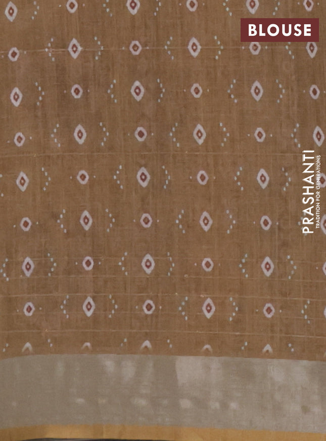 Linen cotton saree dark sandal with floral prints & sequin work and silver zari woven border