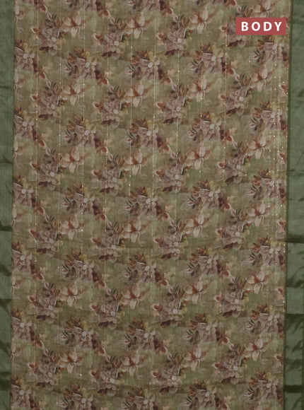 Linen cotton saree mehendi green with floral prints & sequin work and silver zari woven border