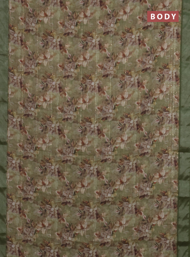 Linen cotton saree mehendi green with floral prints & sequin work and silver zari woven border