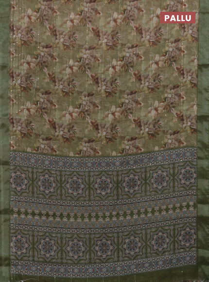 Linen cotton saree mehendi green with floral prints & sequin work and silver zari woven border