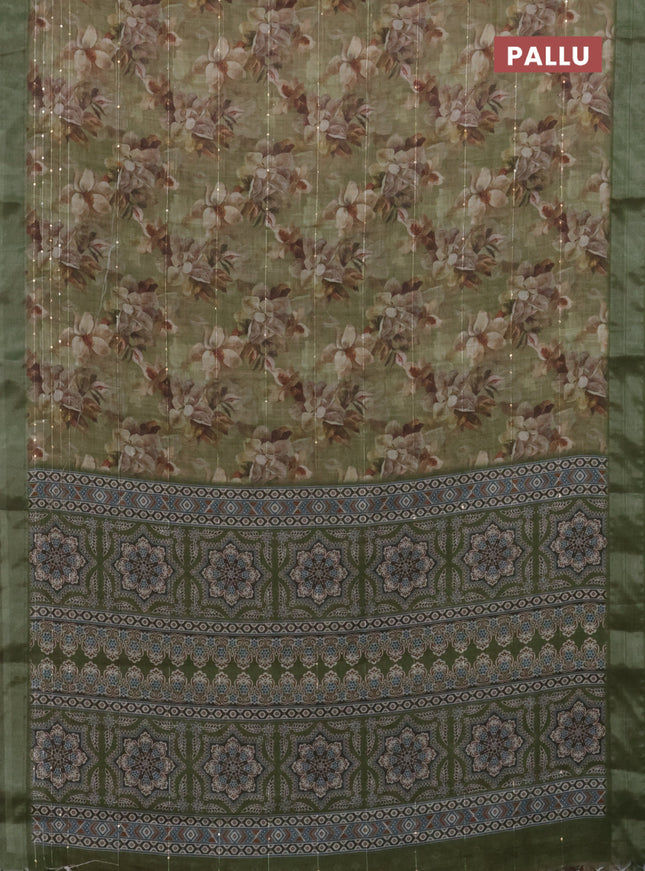 Linen cotton saree mehendi green with floral prints & sequin work and silver zari woven border