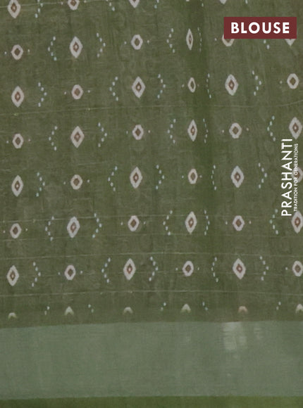 Linen cotton saree mehendi green with floral prints & sequin work and silver zari woven border