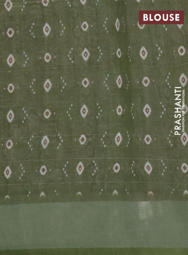 Linen cotton saree mehendi green with floral prints & sequin work and silver zari woven border