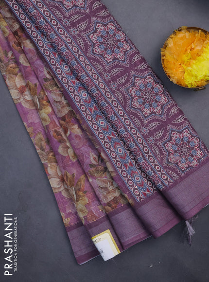 Linen cotton saree purple shade and wine shade with floral prints & sequin work and silver zari woven border