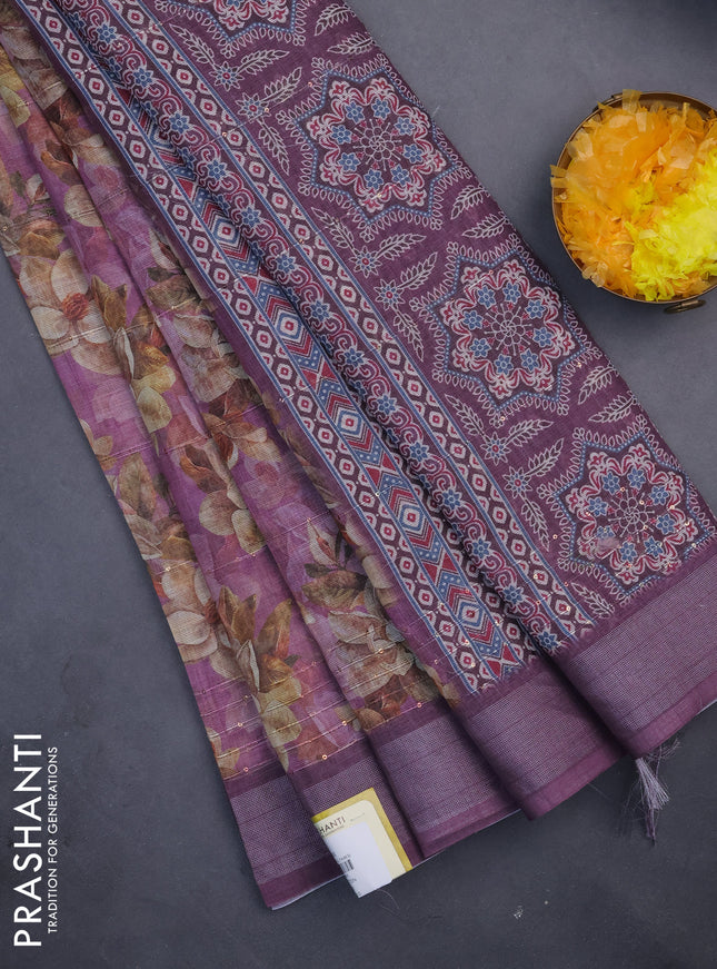 Linen cotton saree purple shade and wine shade with floral prints & sequin work and silver zari woven border