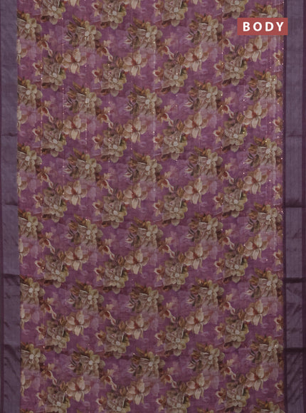 Linen cotton saree purple shade and wine shade with floral prints & sequin work and silver zari woven border