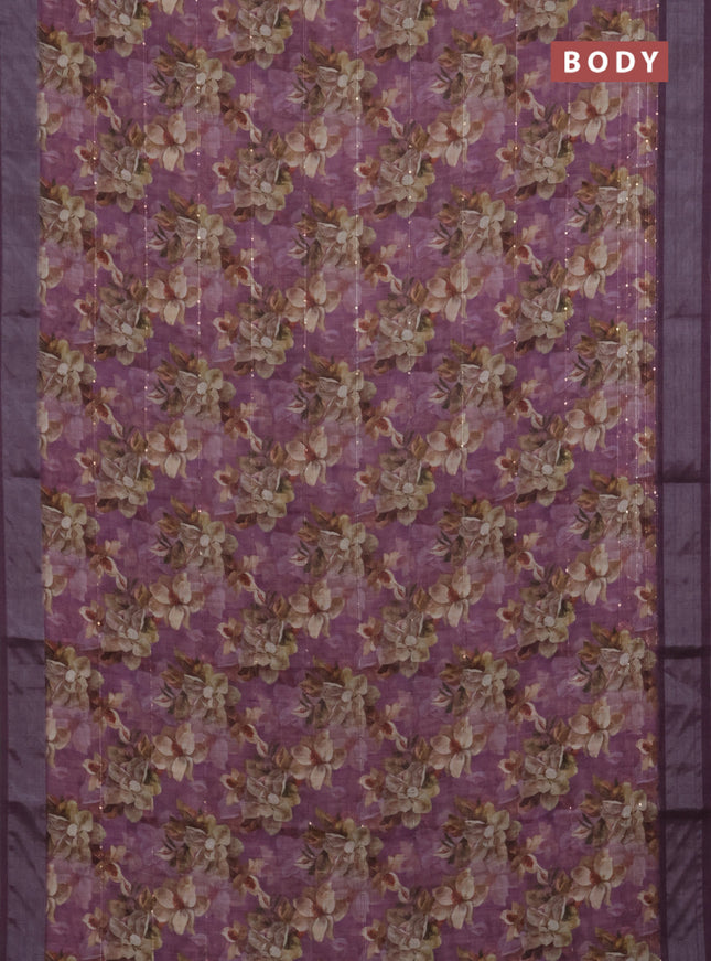 Linen cotton saree purple shade and wine shade with floral prints & sequin work and silver zari woven border