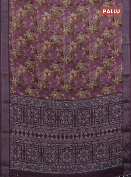 Linen cotton saree purple shade and wine shade with floral prints & sequin work and silver zari woven border