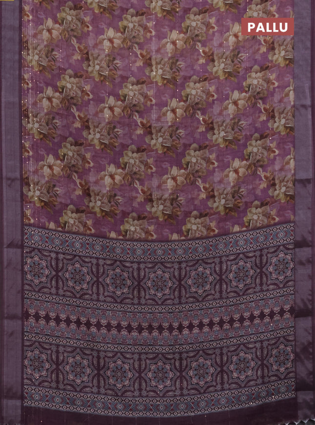 Linen cotton saree purple shade and wine shade with floral prints & sequin work and silver zari woven border