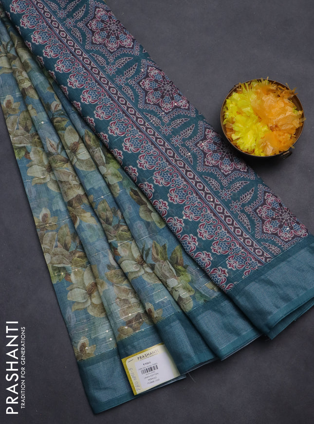 Linen cotton saree teal blue with floral prints & sequin work and silver zari woven border