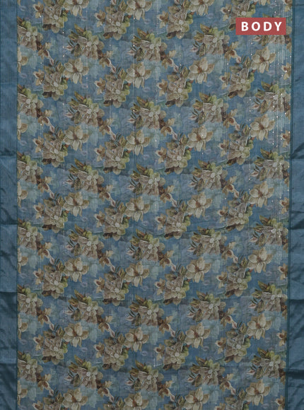 Linen cotton saree teal blue with floral prints & sequin work and silver zari woven border