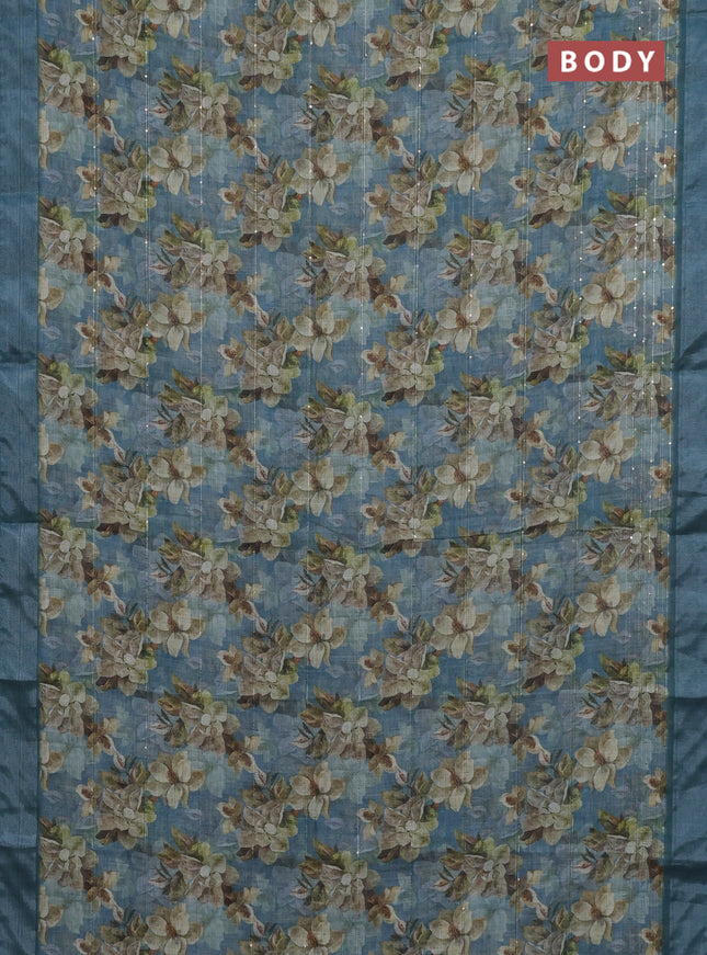 Linen cotton saree teal blue with floral prints & sequin work and silver zari woven border