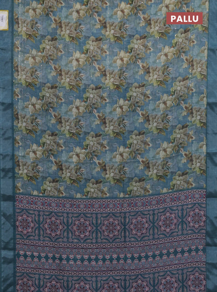 Linen cotton saree teal blue with floral prints & sequin work and silver zari woven border