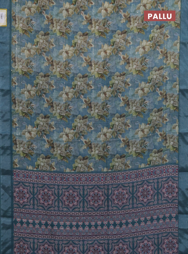 Linen cotton saree teal blue with floral prints & sequin work and silver zari woven border