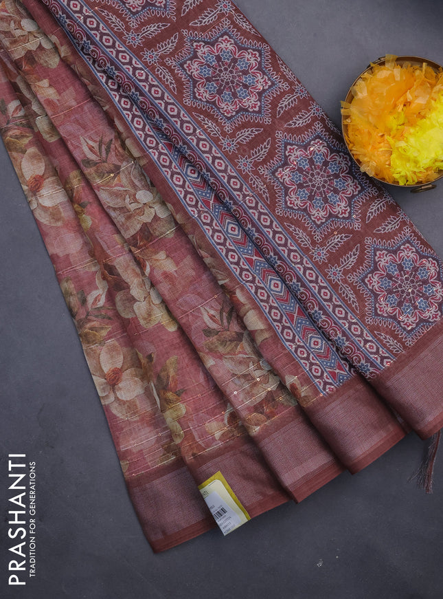 Linen cotton saree pastel maroon with floral prints & sequin work and silver zari woven border