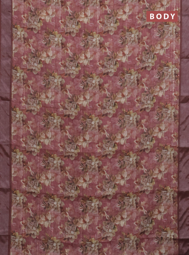 Linen cotton saree pastel maroon with floral prints & sequin work and silver zari woven border