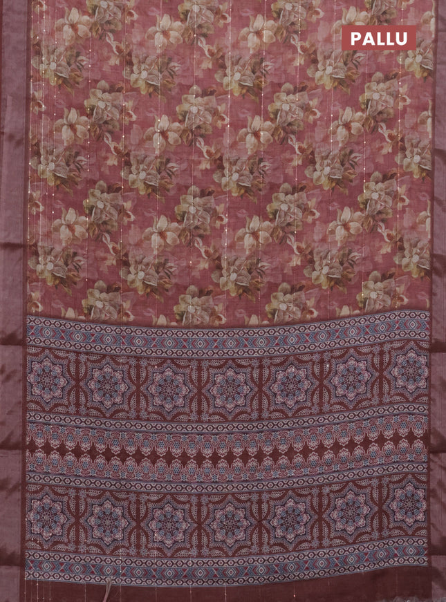 Linen cotton saree pastel maroon with floral prints & sequin work and silver zari woven border