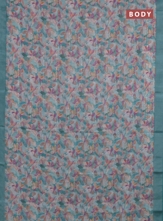 Linen cotton saree teal blue with floral prints & sequin work and silver zari woven border