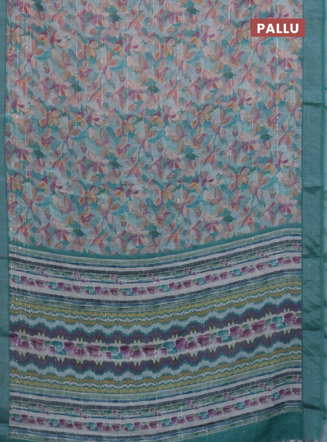 Linen cotton saree teal blue with floral prints & sequin work and silver zari woven border