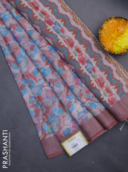Linen cotton saree pastel maroon with floral prints & sequin work and silver zari woven border