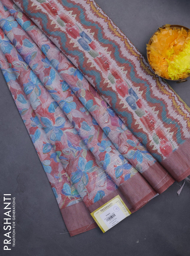 Linen cotton saree pastel maroon with floral prints & sequin work and silver zari woven border