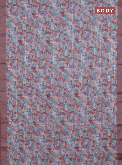 Linen cotton saree pastel maroon with floral prints & sequin work and silver zari woven border