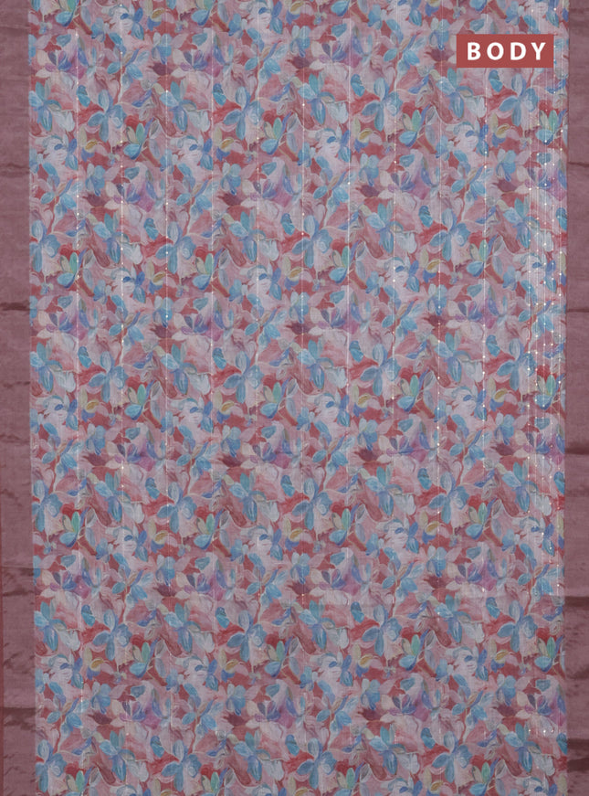 Linen cotton saree pastel maroon with floral prints & sequin work and silver zari woven border