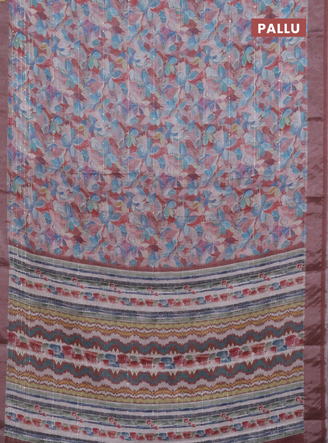 Linen cotton saree pastel maroon with floral prints & sequin work and silver zari woven border