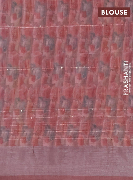 Linen cotton saree pastel maroon with floral prints & sequin work and silver zari woven border