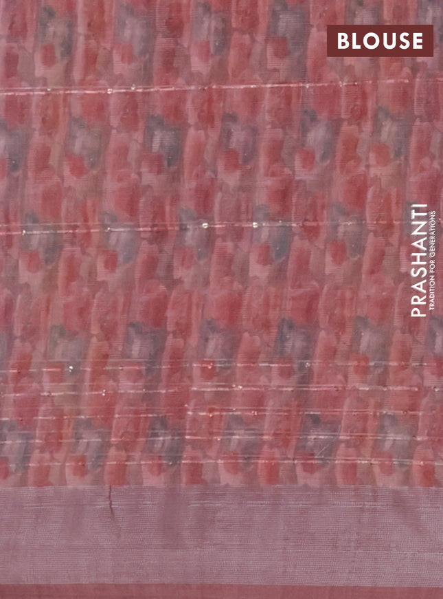 Linen cotton saree pastel maroon with floral prints & sequin work and silver zari woven border