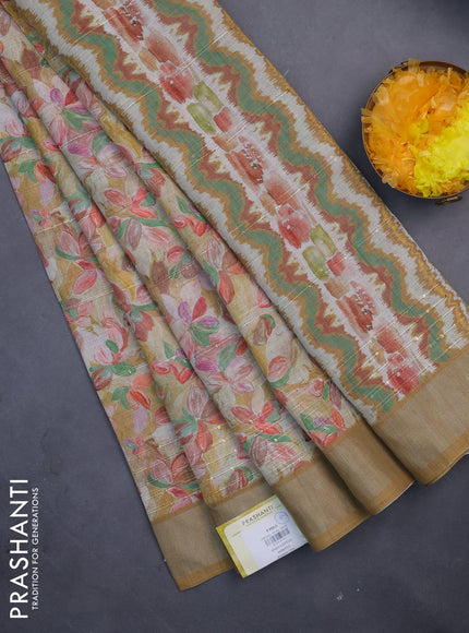 Linen cotton saree mustard yellow with floral prints & sequin work and silver zari woven border