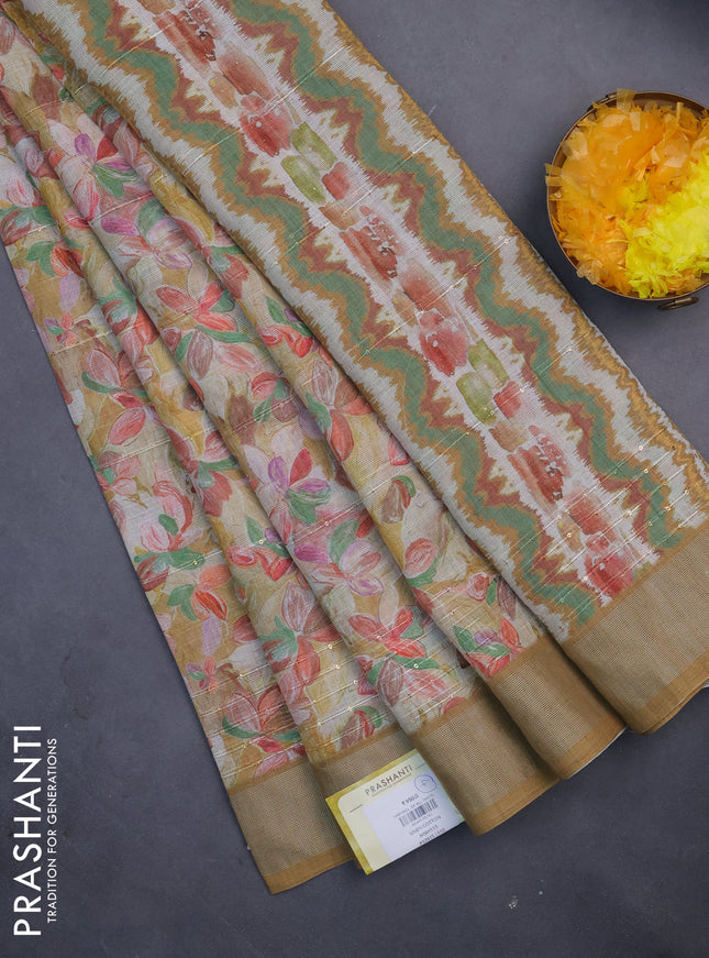 Linen cotton saree mustard yellow with floral prints & sequin work and silver zari woven border
