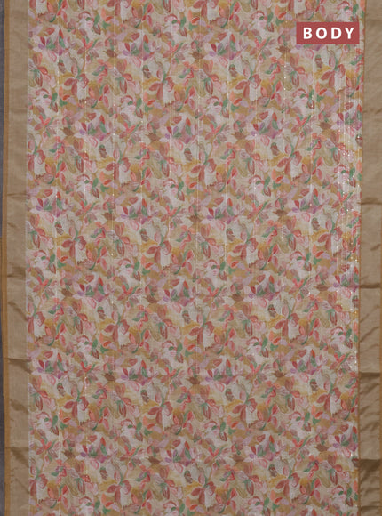 Linen cotton saree mustard yellow with floral prints & sequin work and silver zari woven border