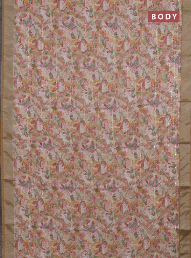 Linen cotton saree mustard yellow with floral prints & sequin work and silver zari woven border