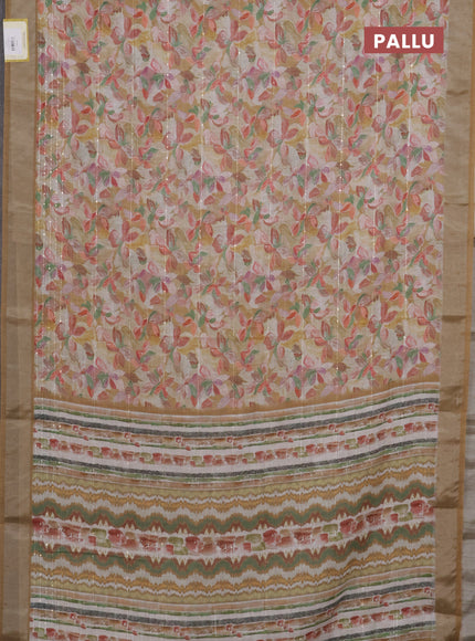 Linen cotton saree mustard yellow with floral prints & sequin work and silver zari woven border