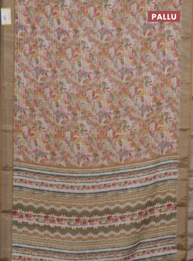 Linen cotton saree mustard yellow with floral prints & sequin work and silver zari woven border