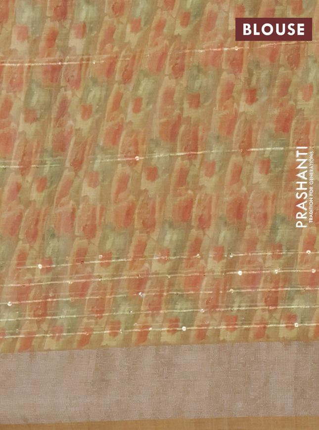 Linen cotton saree mustard yellow with floral prints & sequin work and silver zari woven border