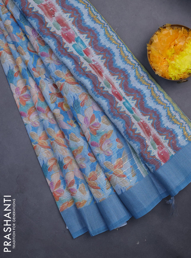 Linen cotton saree cs blue with floral prints & sequin work and silver zari woven border