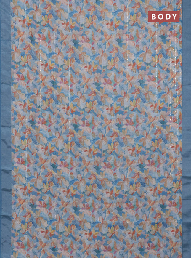 Linen cotton saree cs blue with floral prints & sequin work and silver zari woven border