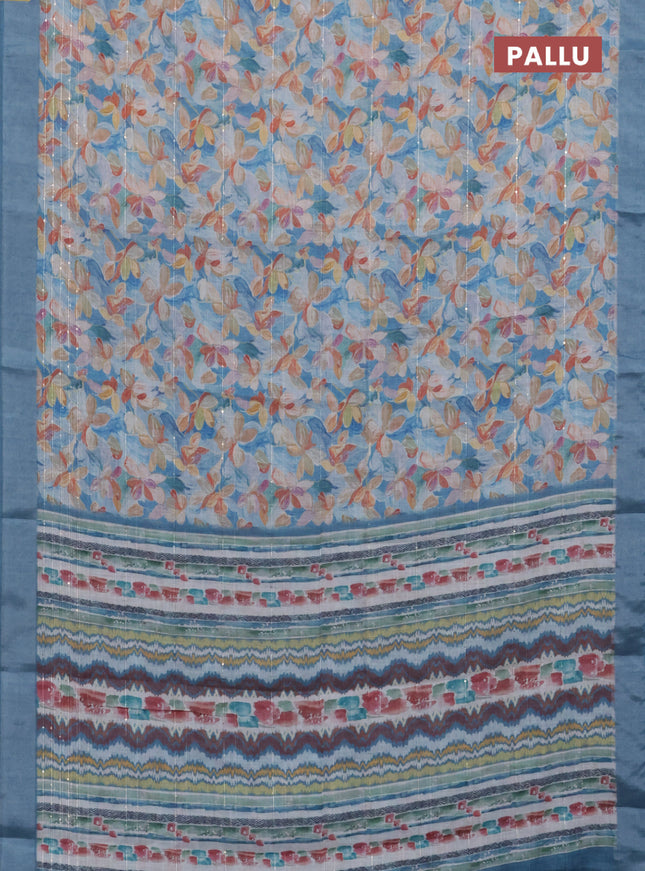 Linen cotton saree cs blue with floral prints & sequin work and silver zari woven border