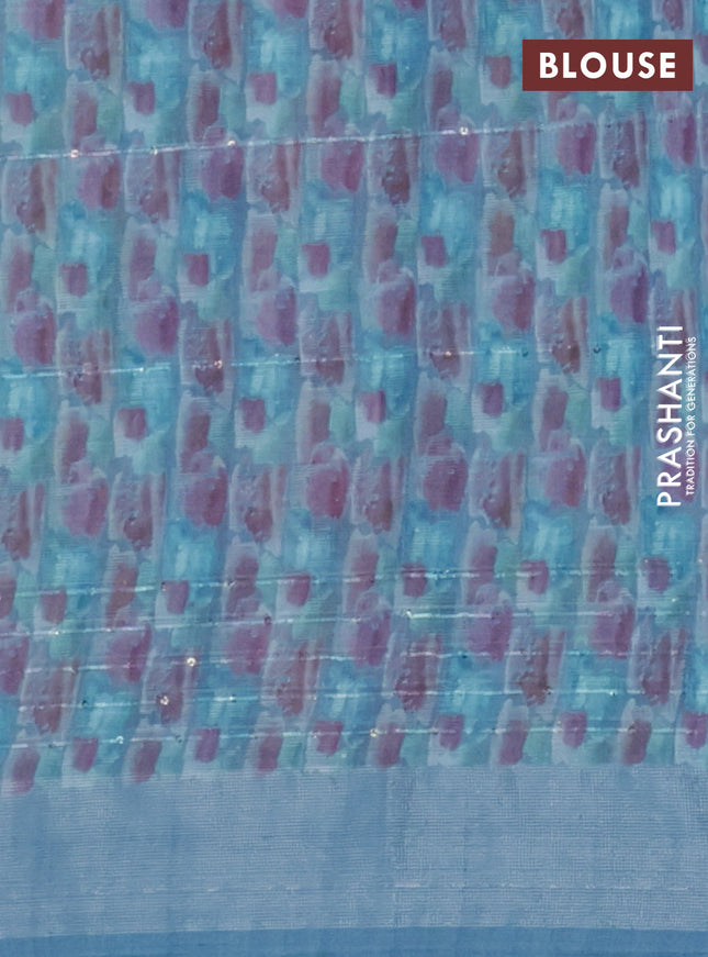 Linen cotton saree cs blue with floral prints & sequin work and silver zari woven border